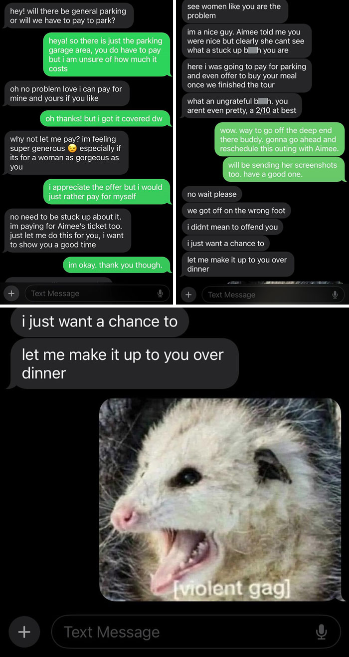 Text conversation about men approaching women, followed by an image of a possum with a "violent gag" expression.