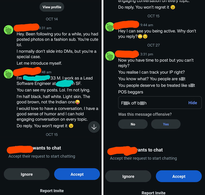 Screenshot of infuriating messages from a man attempting to approach a woman in DMs.