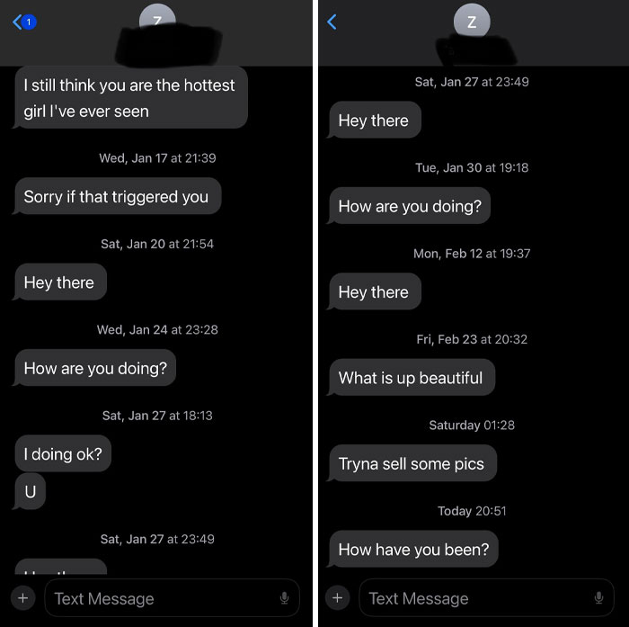 Text messages showing numerous attempts of men approaching women.