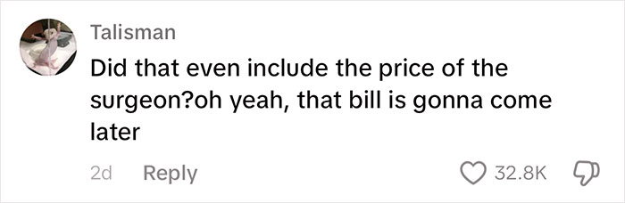 Comment discussing an insane hospital bill, questioning if it includes the surgeon's fee, with many likes and interactions.