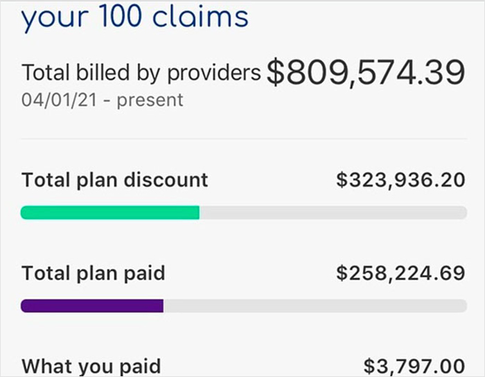 Insurance claim breakdown showing total billed, discounts, and payments with UnitedHealthcare.