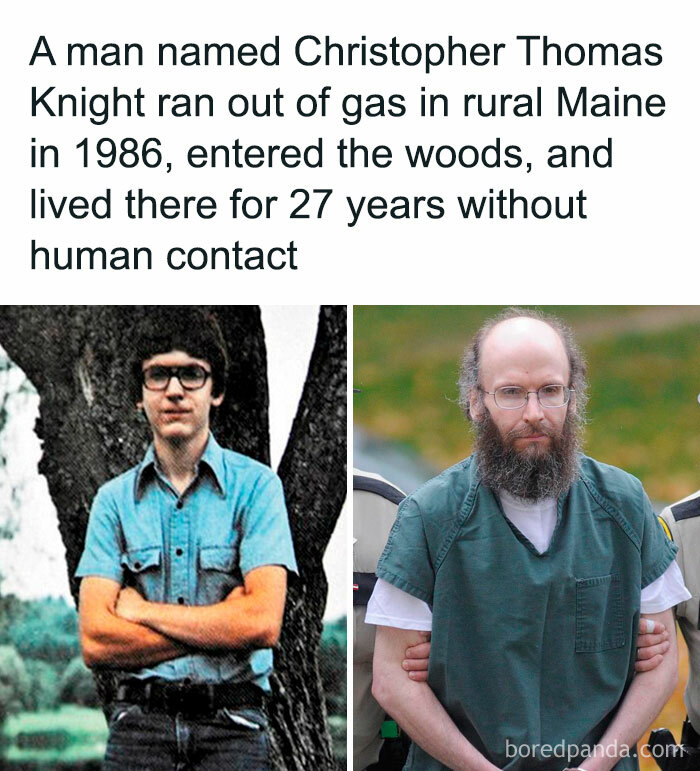 Two images of a man before and after living in the woods for 27 years, highlighting interesting facts and curiosities.