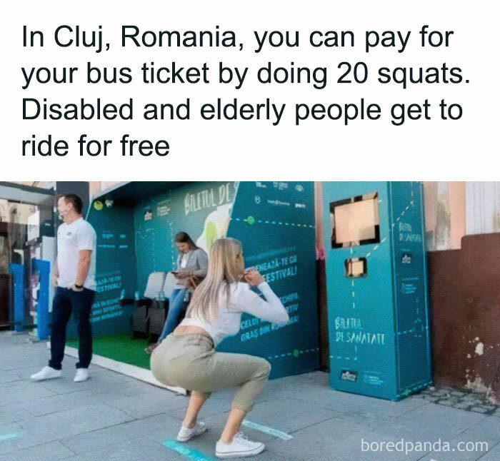 Woman doing squats at a bus station in Cluj, Romania for a ticket as part of interesting facts and curiosities.