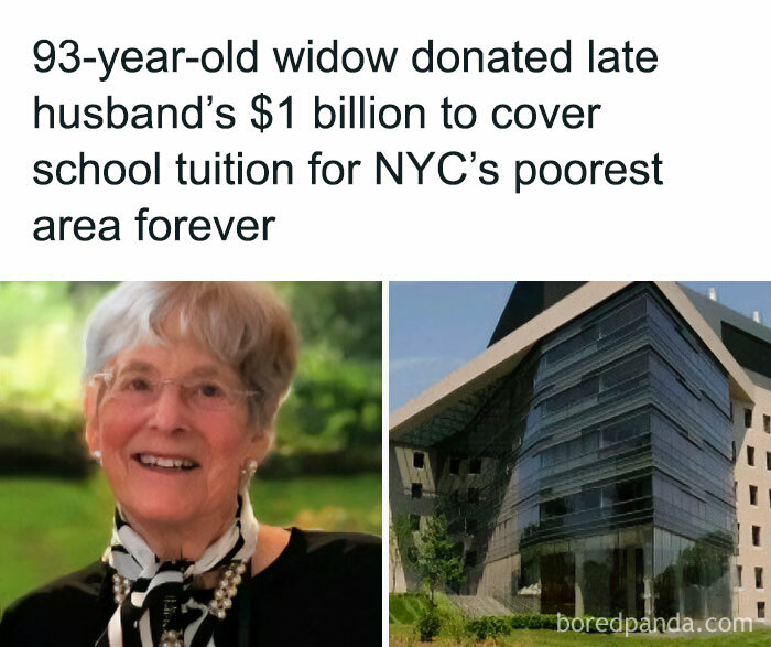 Widow donates $1 billion for NYC school tuition, alongside a modern building.