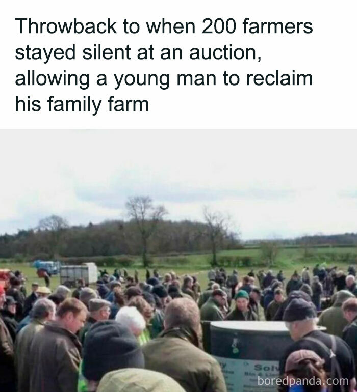 Farmers at an auction standing silently to help a young man reclaim his family farm; an inspiring curiosity moment.