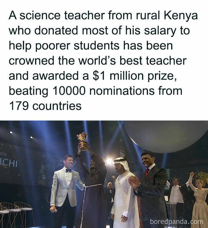 Teacher from Kenya wining award, lifting golden trophy, surrounded by cheering people, highlighted among interesting facts.