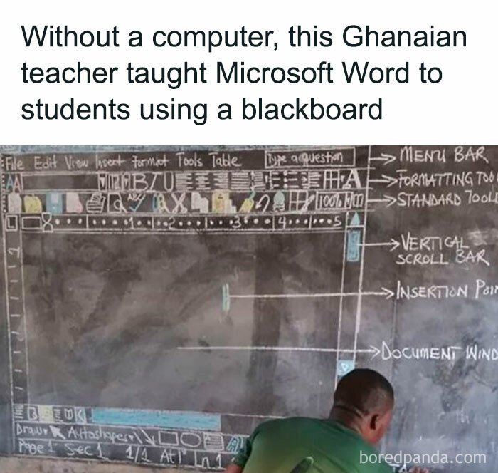 Ghanaian teacher illustrates Microsoft Word on a blackboard, showcasing an interesting fact outside holiday season stress.