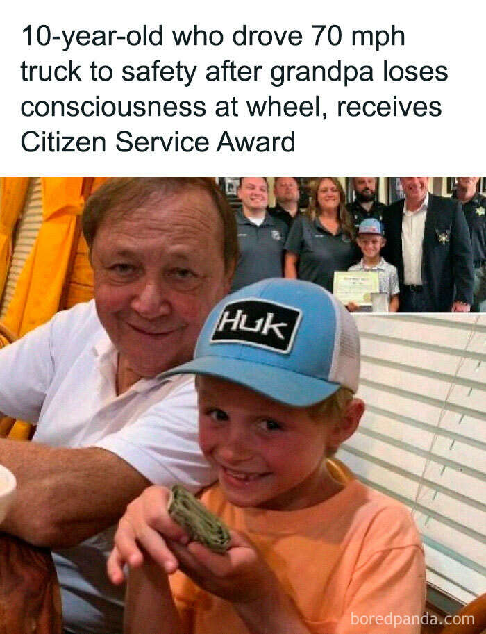 Young boy receives Citizen Service Award, pictured with grandpa and officials, highlighting interesting facts and curiosities.