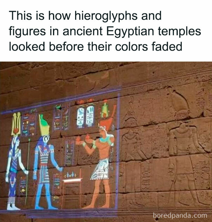 Hieroglyphic figures in vibrant colors displayed on ancient Egyptian temple wall, showcasing interesting historical facts.