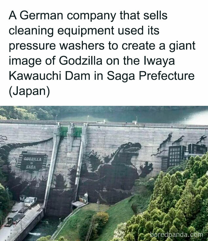 Giant Godzilla image on Iwaya Kawauchi Dam created with pressure washers by a German company.