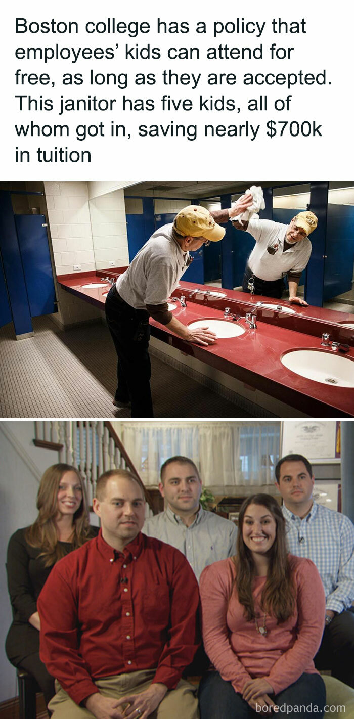 Janitor in uniform cleaning a bathroom mirror and family of five seated indoors, illustrating interesting facts and curiosities.