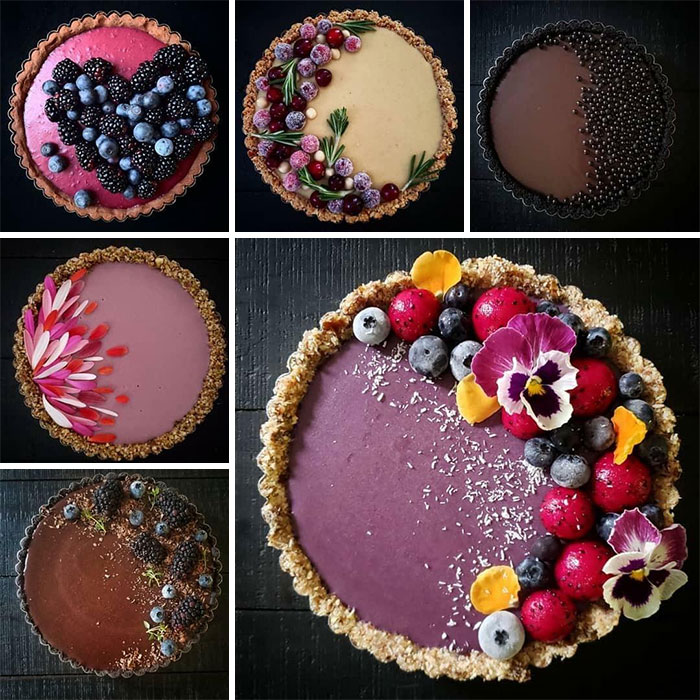 Beautiful food pics showcasing colorful, artfully decorated tarts with berries and flowers, perfect for foodies to love.