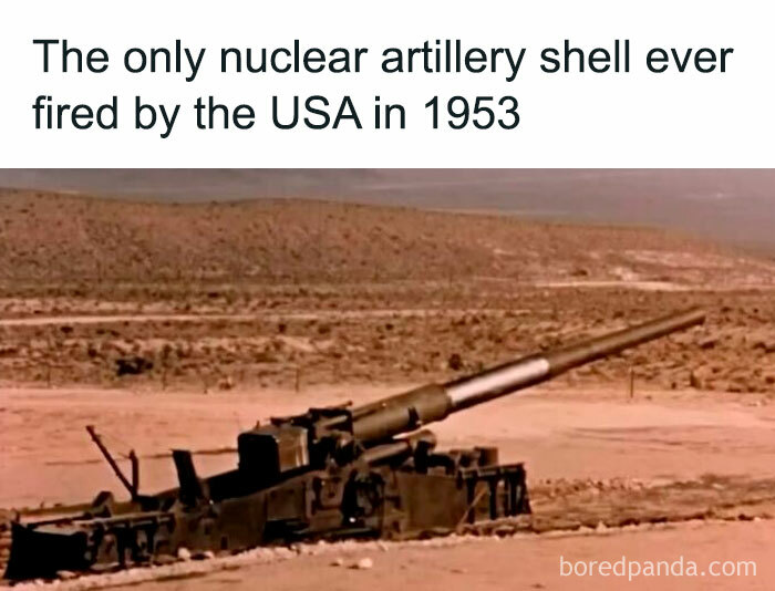 Nuclear artillery shell test by USA in 1953 desert setting, highlighting interesting history facts.