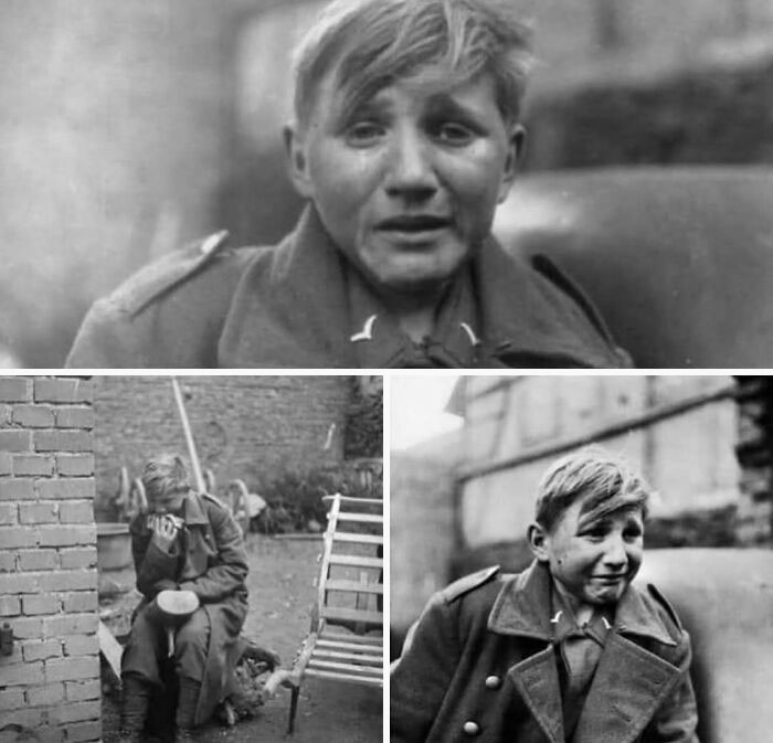 Young soldier in historical uniform, displaying emotional expressions in three black and white photos, depicting historical moments.