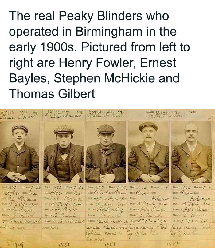 Vintage mugshots of the real Peaky Blinders from early 1900s Birmingham, showcasing interesting history facts.