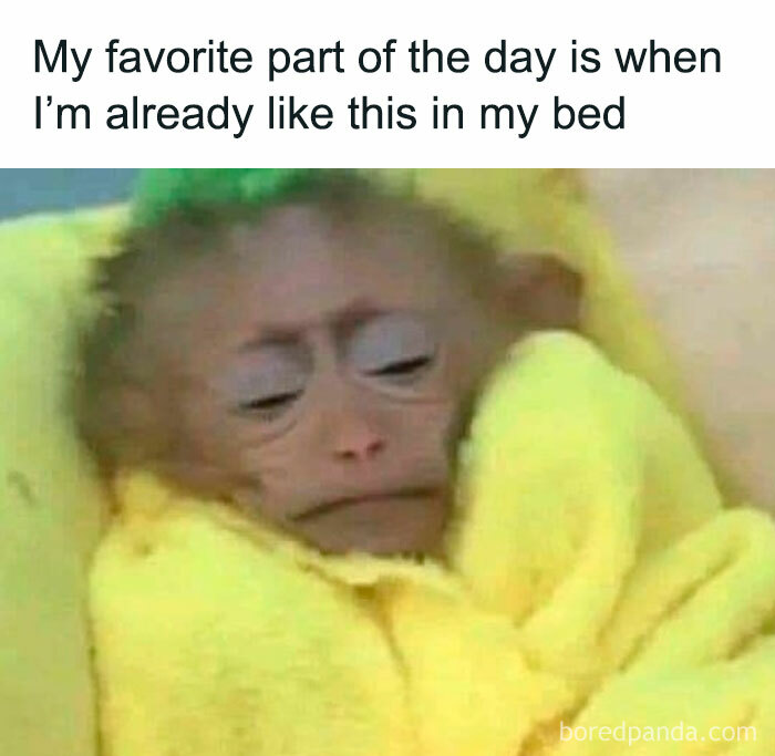 A monkey wrapped in a bright yellow blanket, capturing the introverted and anxious vibe of relaxation in bed.