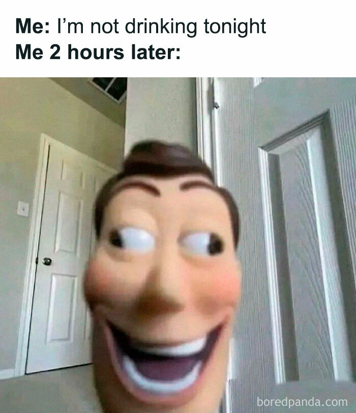 Funny meme about changing plans, featuring a blurry Toy Story character with a mischievous grin. Perfect for introverts.