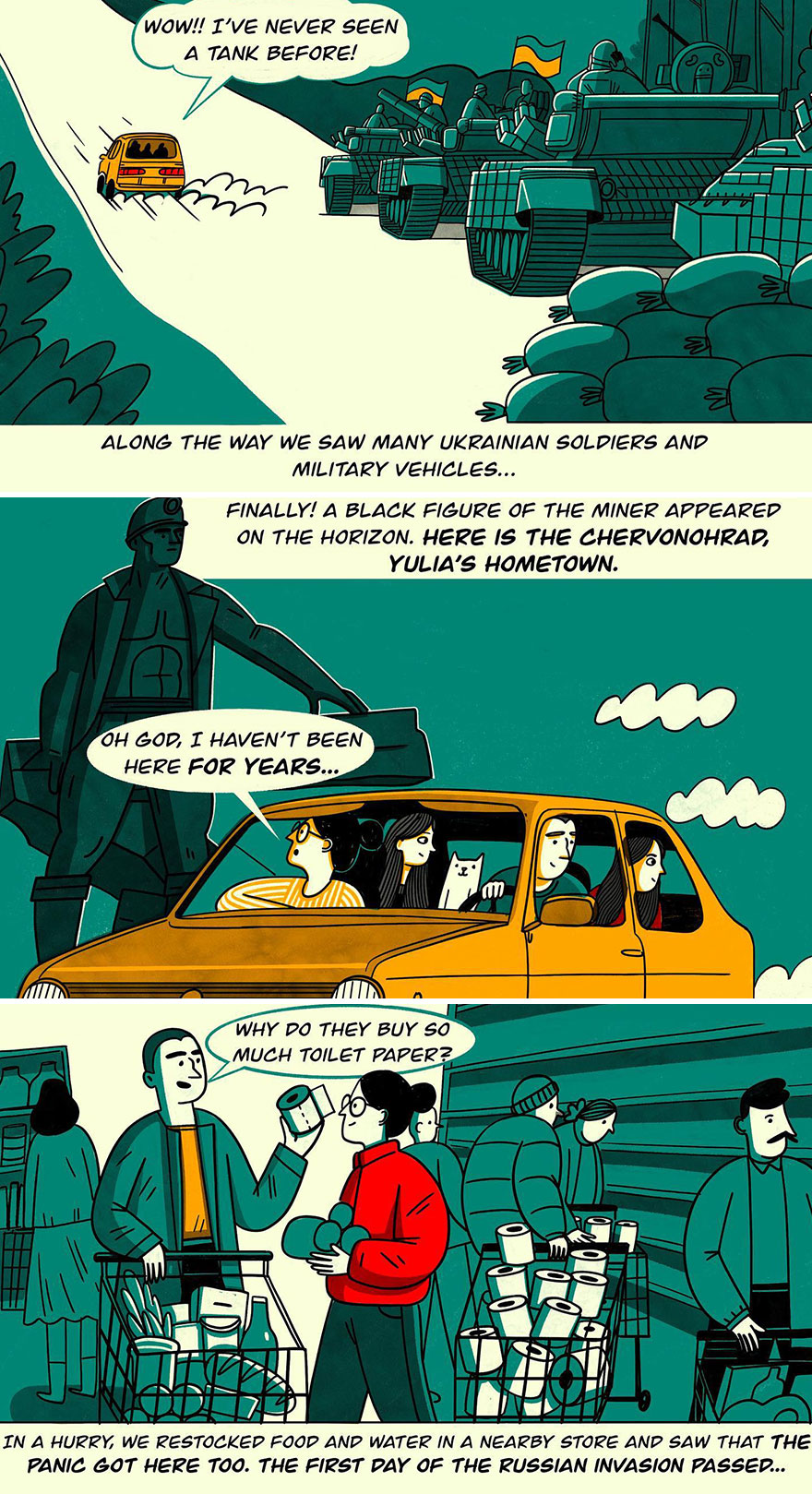 Comic depicting life in Ukraine during the war, featuring tanks, a car journey, and people buying supplies.