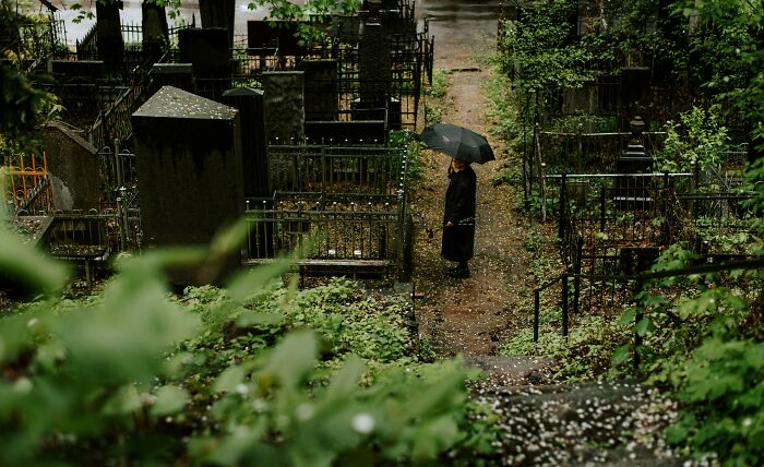 Person with an umbrella standing in a lush, overgrown cemetery path, surrounded by gravestones.