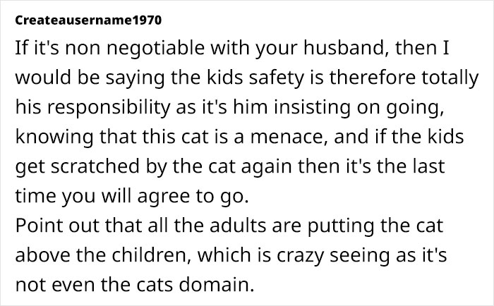 Text discussion on family dynamics involving a hostile cat during Christmas.