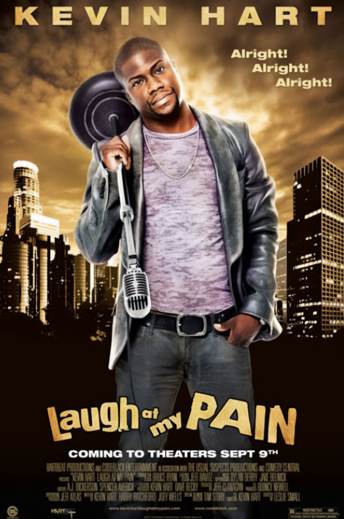 Kevin Hart holds a microphone on the promotional poster for "Laugh at My Pain," set against a cityscape with bold text and tagline.