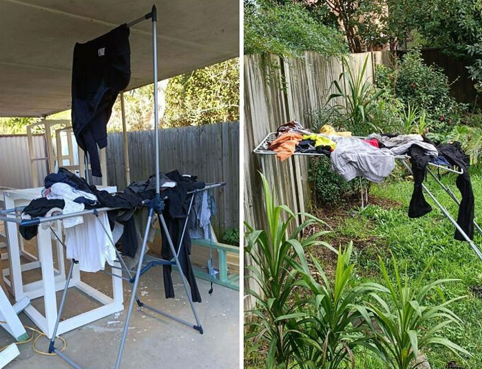 Clothes awkwardly piled on drying racks under a patio and in a garden, showcasing lazy-infuriating-people behavior.