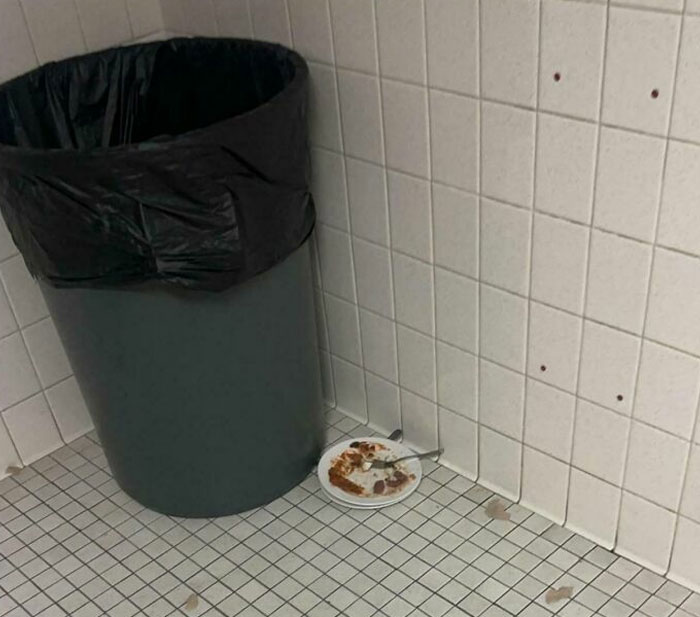 Plate with food left on the floor beside a trash can, illustrating lazy behavior.