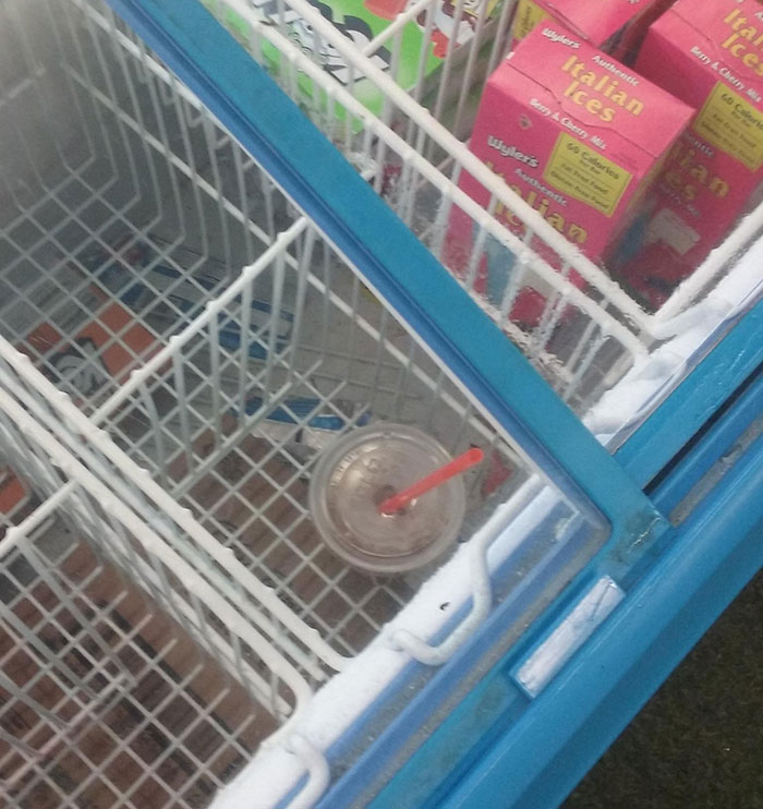 Drink left inside a freezer, a classic example of lazy-infuriating-people behavior.