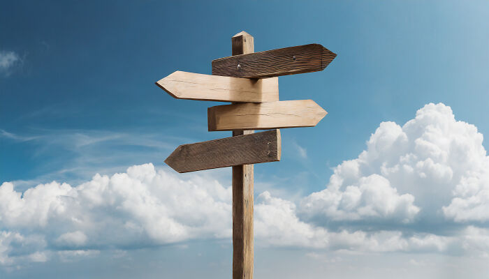 Wooden signpost with arrow signs pointing in different directions against a blue sky, representing left-handed people struggles.