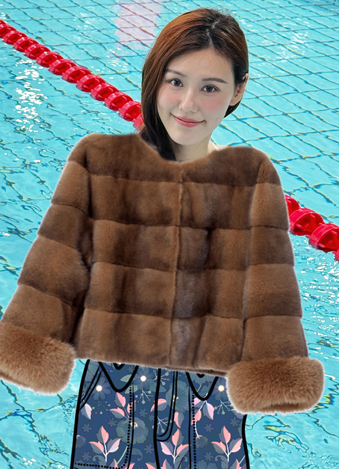 Liu Xiang\'s edited photo of her in a fur coat with floral skirt while swimming in the pool, addressing criticism about her swimsuits