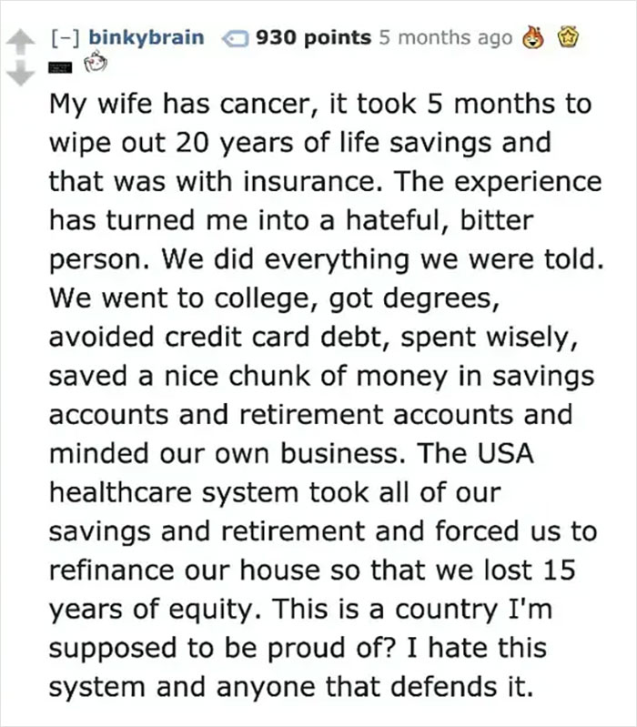 Text post expressing frustration with healthcare costs impacting savings, highlighting struggles of the 'lost generation'.