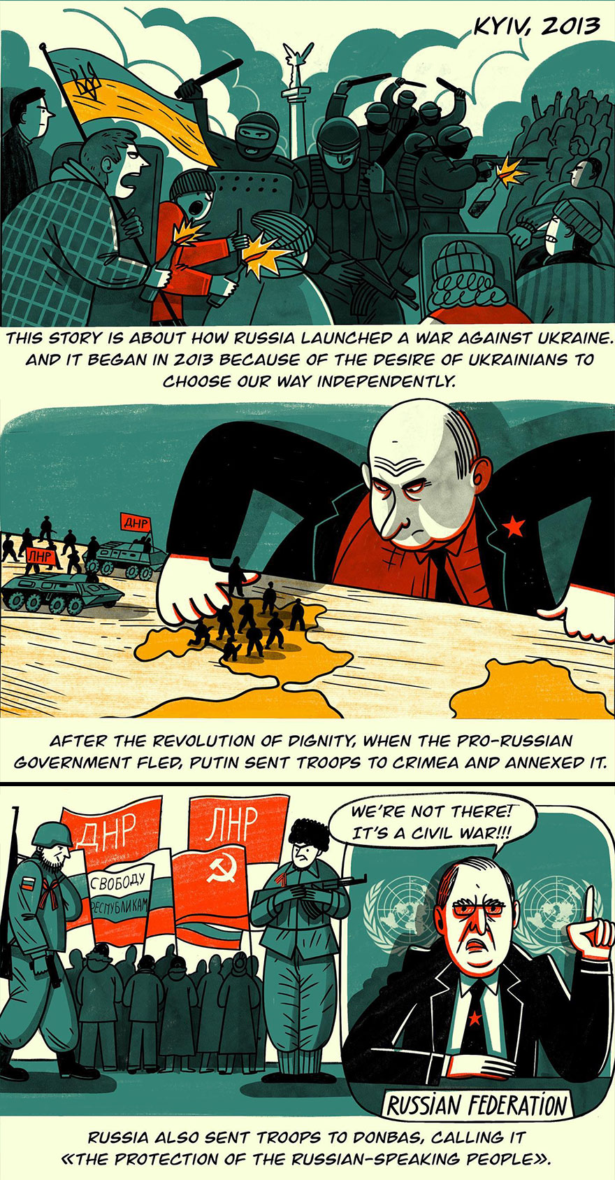 Comic illustration by Ukrainian artist on war and everyday life, depicting soldiers and geopolitical tensions.