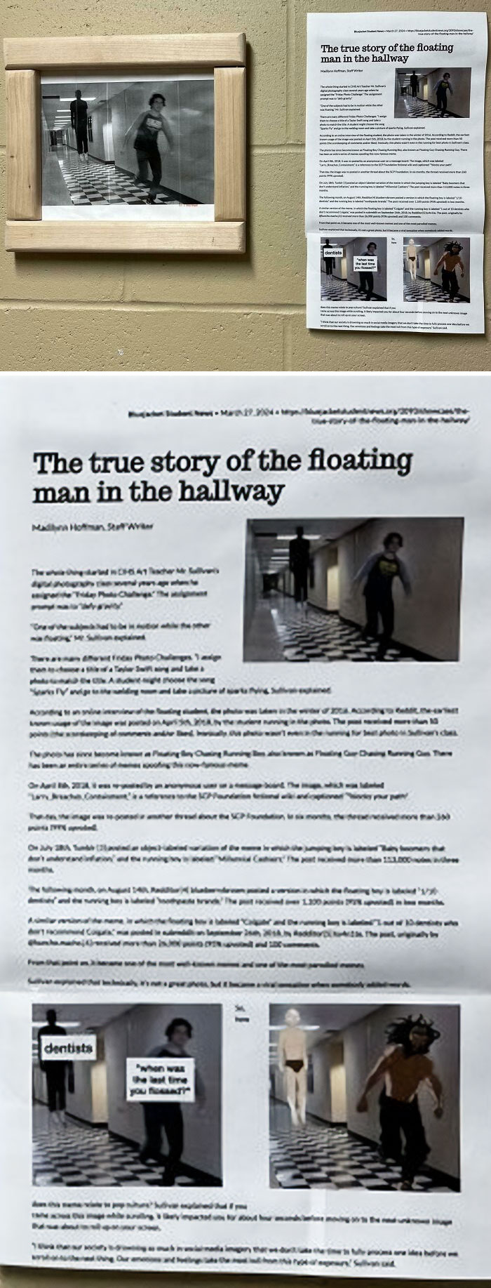 Wall featuring "mildly interesting" photo of a floating man in a hallway alongside an article discussing the image's history.