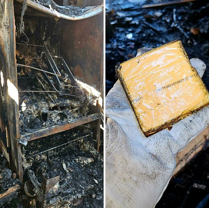 Mildly interesting: a burnt appliance next to a preserved cheese slice in plastic wrap.