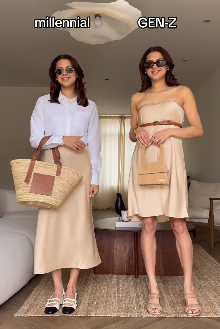 Millennial and Gen Z fashion comparison, both wearing neutral outfits with sunglasses in a modern living room.