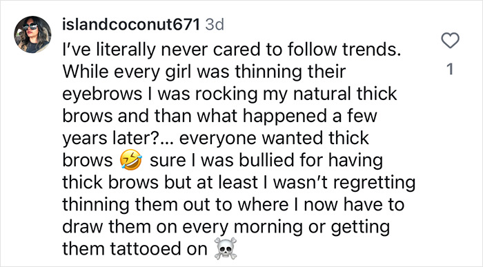 Instagram comment criticizing beauty trends and expectations set by Gen Z, focusing on eyebrow styles.