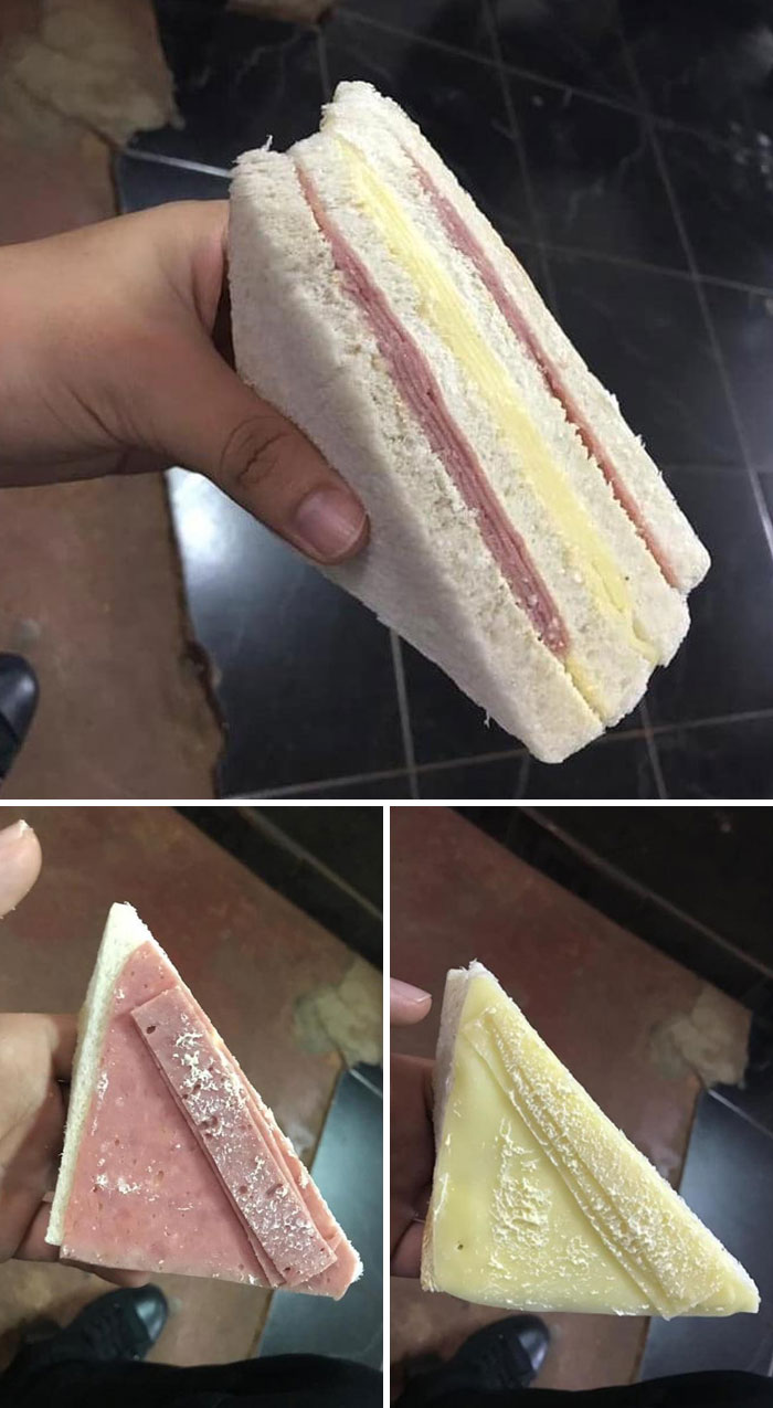 Evil packaging design of a sandwich, showing only minimal fillings when sliced.