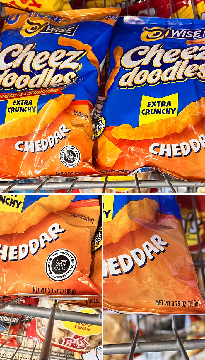 Cheez Doodles packaging emphasizing "extra crunchy" with cheddar flavor, showcasing misleading design.