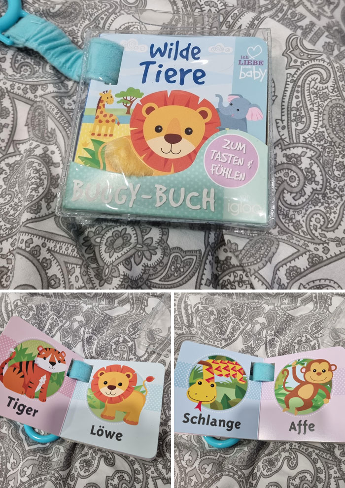 Children's book with misleading packaging design, showing various animals like lion and tiger.