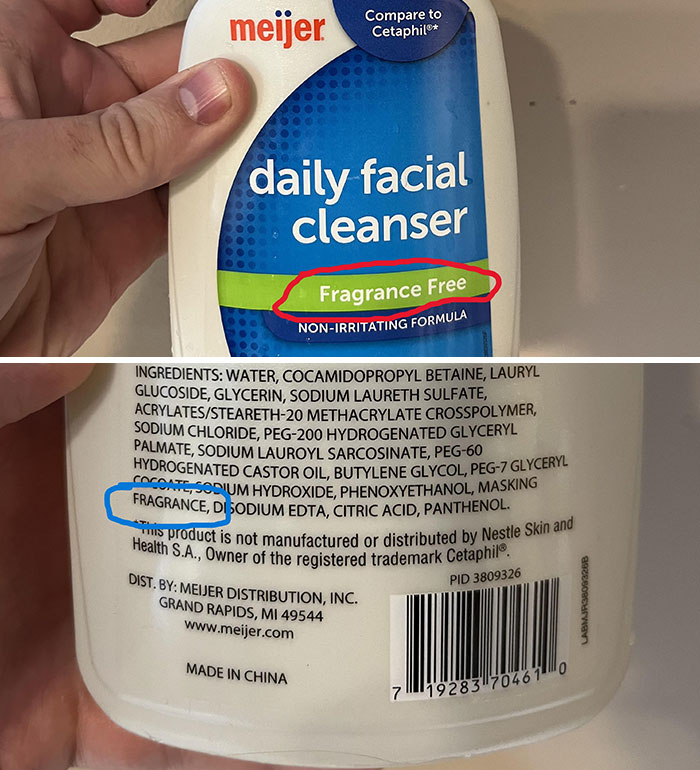 Fragrance-free facial cleanser misleading packaging; fragrance listed in ingredients.