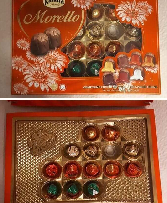 Deceptive packaging design showing a box of chocolates with half the spaces empty.