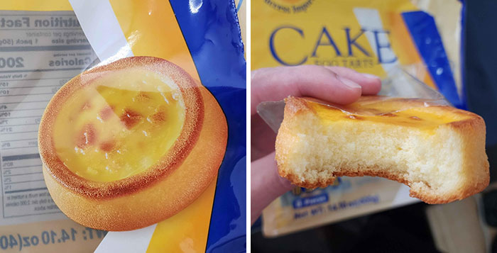 Deceptive cake packaging, displaying a filled pastry on the package but revealing minimal filling inside the actual product.