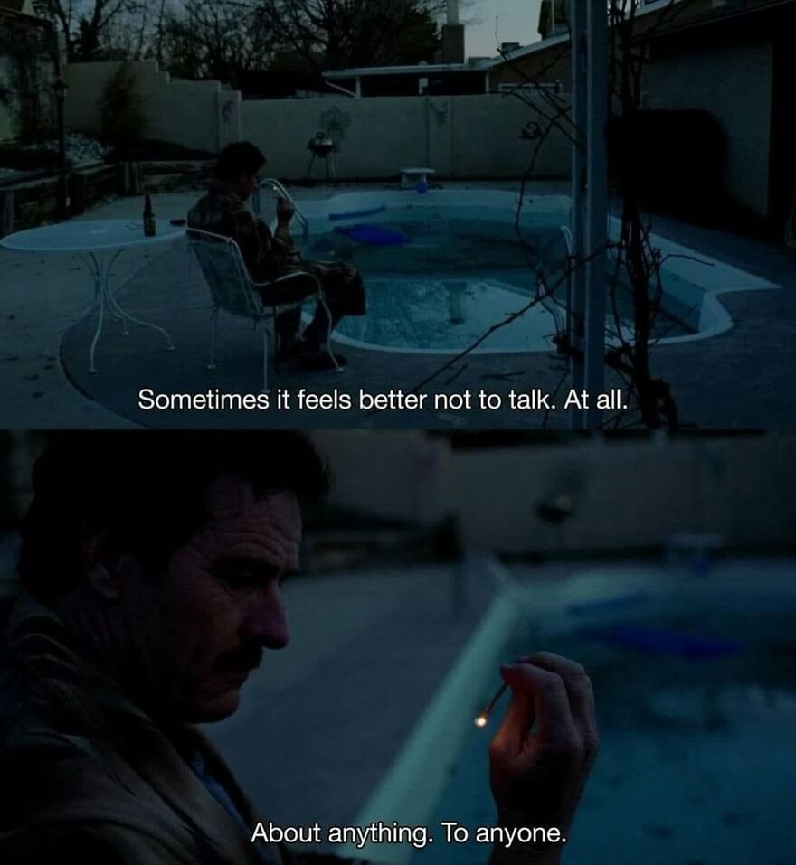 Man sitting by a pool at night with a cigarette, featuring a quote about silence.