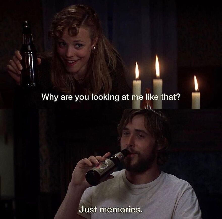 Two people exchanging movie quotes while holding beer bottles, surrounded by candles.