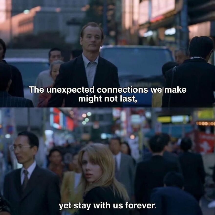 Movie quote scene with two people in a busy city street.