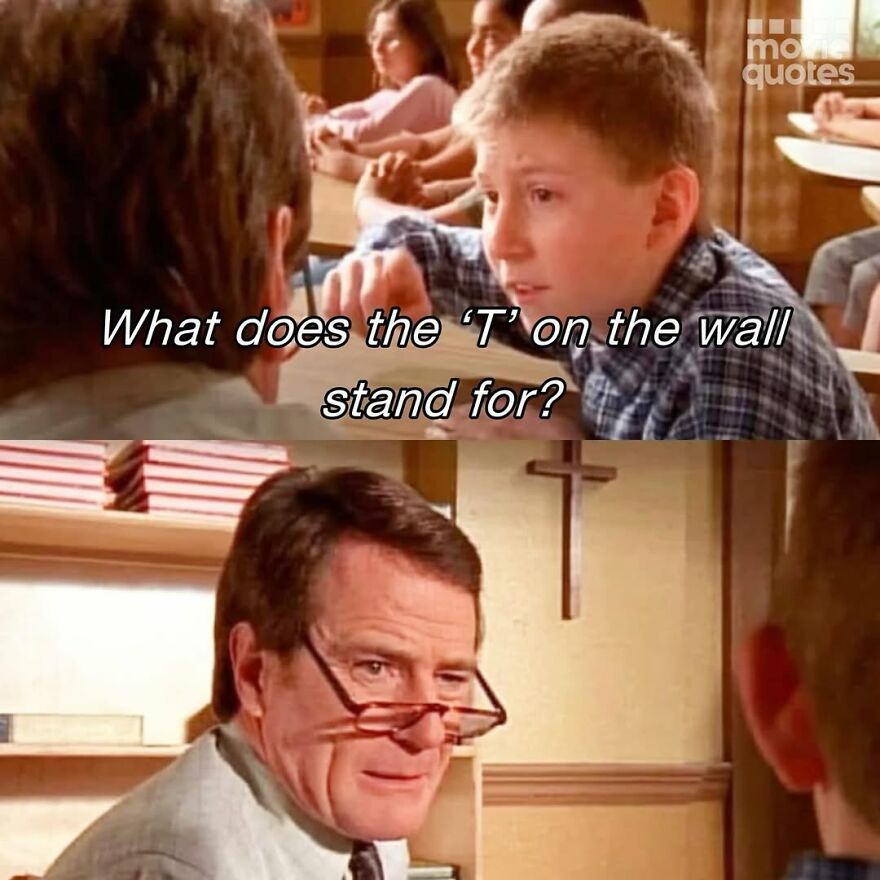 Child in a classroom asking about a 'T' on the wall; a humorous moment captured for Movie Quotes Instagram Best.