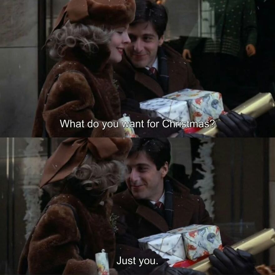 A couple exchanging gifts in a Christmas scene, with movie quotes about holiday wishes.