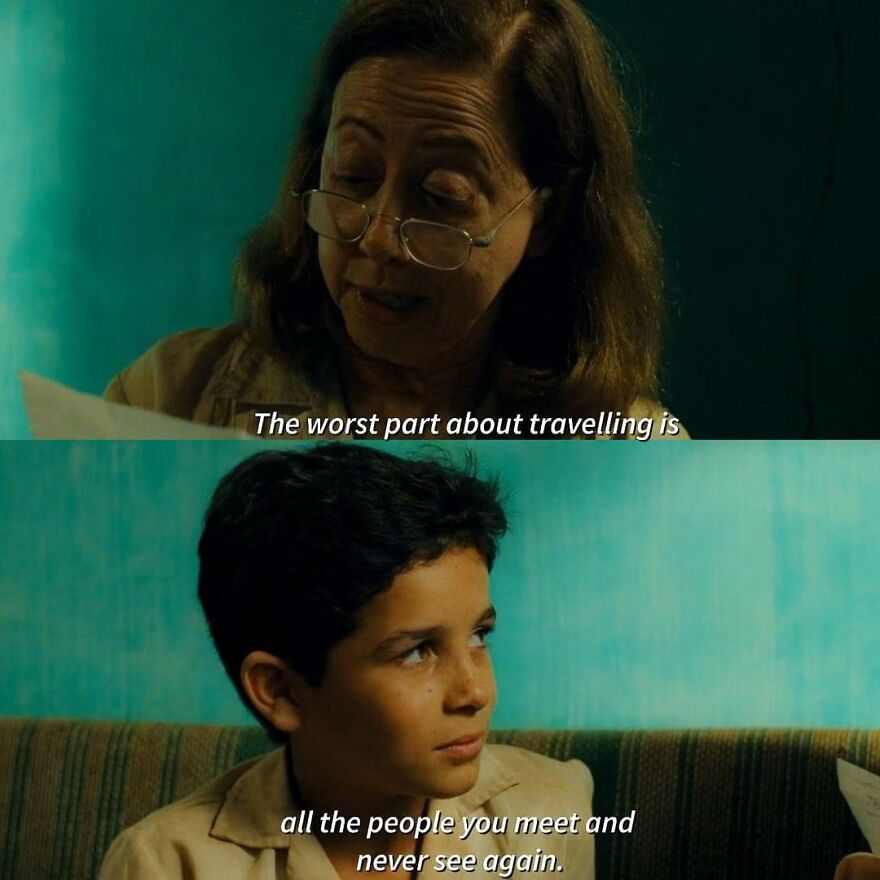 Woman reading a letter and a boy listening, with a poignant movie quote about traveling and farewells.