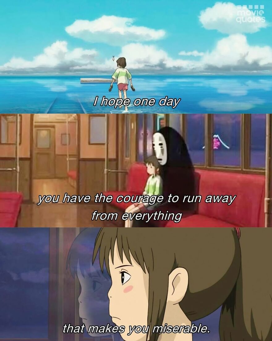 Anime scene with character on a train and motivational Movie-Quotes-Instagram-Best message about courage and change.