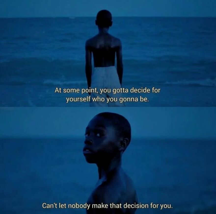 Young boy at the beach with inspirational movie quote, standing by the ocean at dusk.